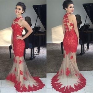 Mermaid Red Lace Evening Dress With ChampagneTulle